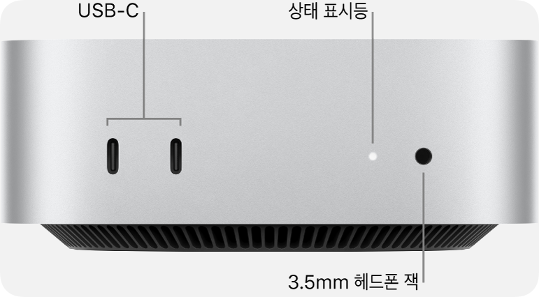 M4 맥미니 전면. 왼쪽에 USB-C 포트 2개, 오른쪽에 상태 표시등과 헤드폰 잭이 있습니다.
